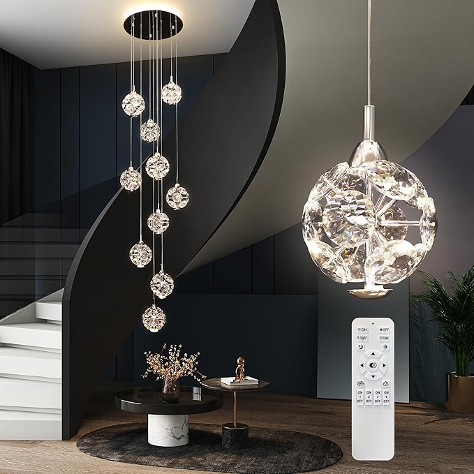 10-Light High Ceilings Long Chandeliers Modern Crystal Staircase Chandelier Hanging Flush Mount Lighting Fixtures for Spiral Staircase,Foyer,Entryway