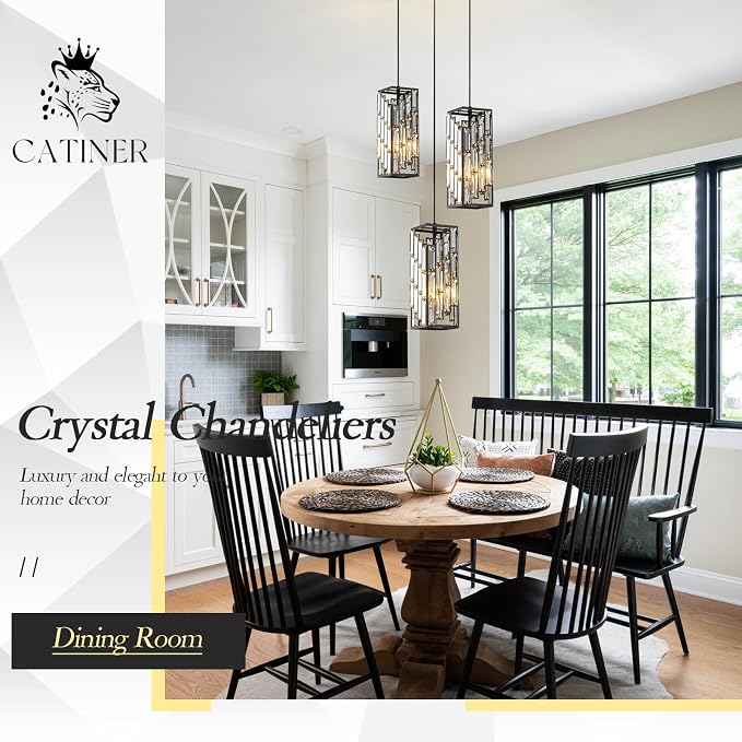 CATINER Black Crystal Pendant Light 3-Pack, Mini Hanging Light, E26 | Black crystal pendant lights 3-pack with adjustable 70.8" cords, E26 base, dimmable for kitchen island lighting