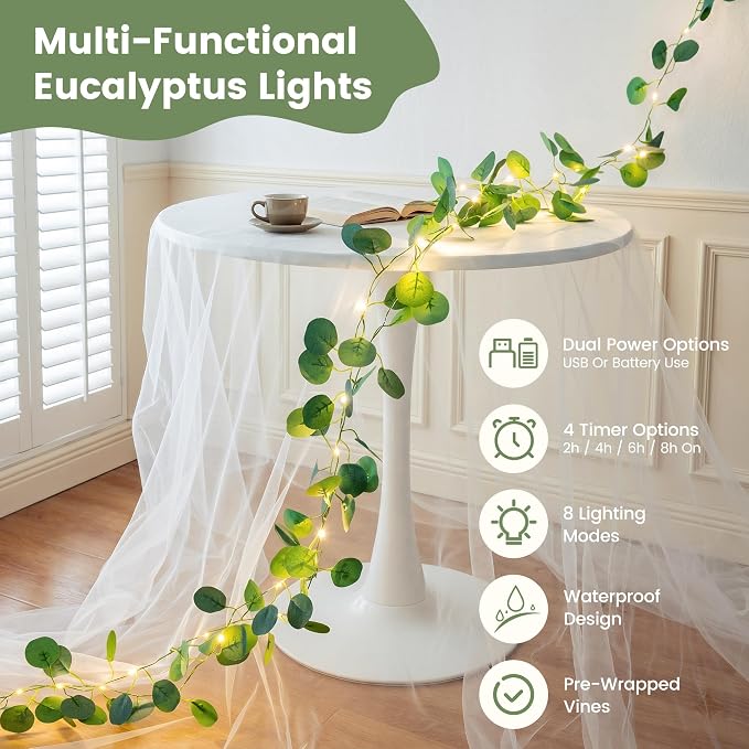 HEYFUNi 13FT Eucalyptus Garland with Lights & Remote， USB & Battery | 40 Warm White LEDs, Fake Eucalyptus Vine with Fairy Lights, Timer, 8 Modes, Dimmable For Bedroom Wall, Dorm, Wedding Decor