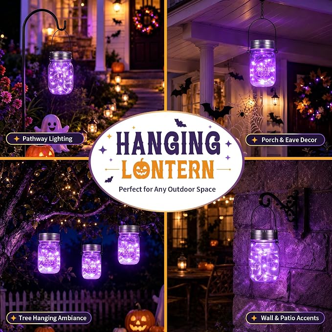 GIGALUMI Hanging Mason Jar Solar Lights 6 Pack for Halloween Decorations | Hanging Solar Lanterns Waterproof, 30 Led Hangers and Jars Included, Outdoor Decor for Porch, Pathway, Yard, Halloween Party