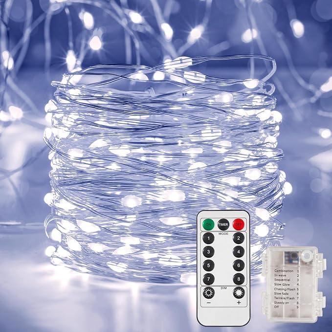 Ariceleo 4 Pack 65.6 Ft. Battery Operated Outdoor String Lights with Remote & Timer, LED Cool Whit Fairy Lights, Waterproof Twinkle Lights for Bedroom, Dorm, Mason Jar, Wedding, Party, Christmas