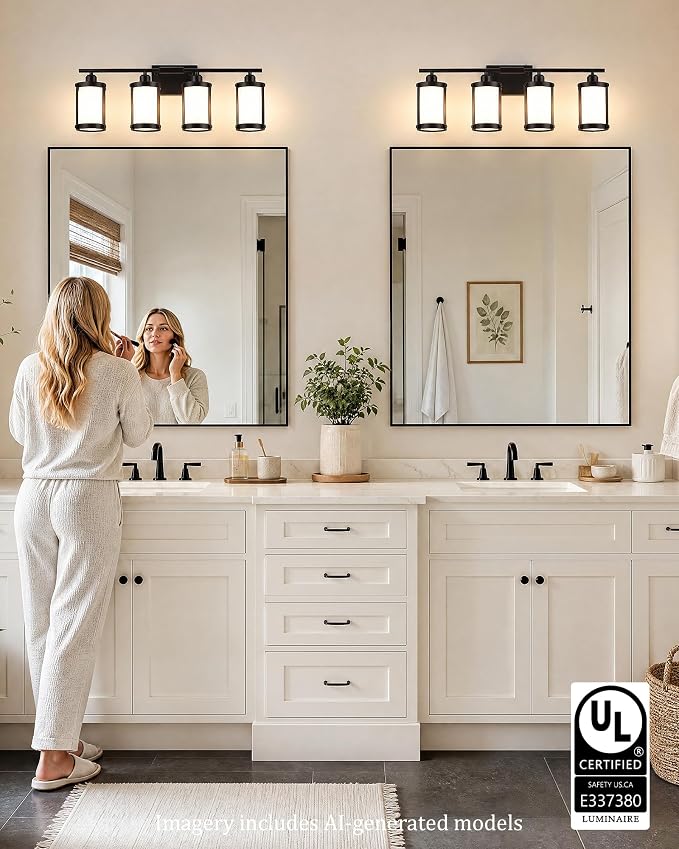 4-Light Oil Rubbed Bronze Bathroom Light Fixtures Over Mirror with Frosted Milk Glass and Metal Cage Shade, 29" UL-Listed Modern Farmhouse Wall Sconce for Bath, Hardwire E26, OS-3014ORBW-4W