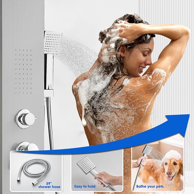 ROVOGO Shower Panel Tower System with 4 Shower Modes, 46.5", No Led Lights | Rain Shower Head, 2 Body Jets, Handheld and Tub Spout, Stainless Steel Shower Column w/ Brass Valves, cUPC Cartridge, Brushed