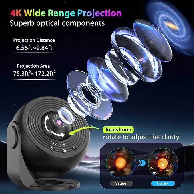 Galaxy Projector for Bedroom, HD Image Star Projector Galaxy Light Adjustable Knob, 13 Film Discs Planetarium Projector for Kids, 360° Rotating 1/2h Timer Simple 3-Button Control Deep Black