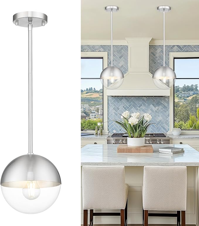 Modern 1-Light Pendant Light Fixtures, Brushed Nickel Kitchen Island Pendant Light Fixtures with Clear Globe Glass, Adjustable Hanging Rod Ceiling Light for Dining Room Bathroom, LMS-186BNC