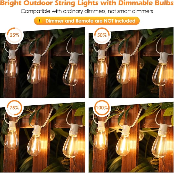 192FT(2x96FT) LED Outdoor String Lights, Linkable Patio Light with 60+3 2700K Waterproof Dimmable Hanging Bulbs for Pergola Cafe Wedding-White