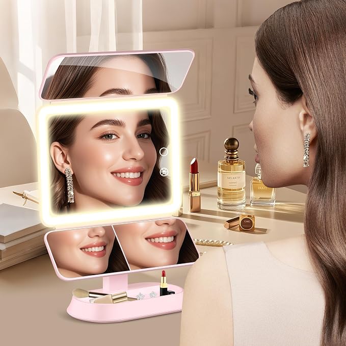 Makeup Mirror with Lights and 30X/10X/5X Magnification, Vanity Mirror with 3 Color Lights, Rechargeable, Detachable, Lighted Makeup Mirror with Magnification, Trifold Mirror, Gifts for Women