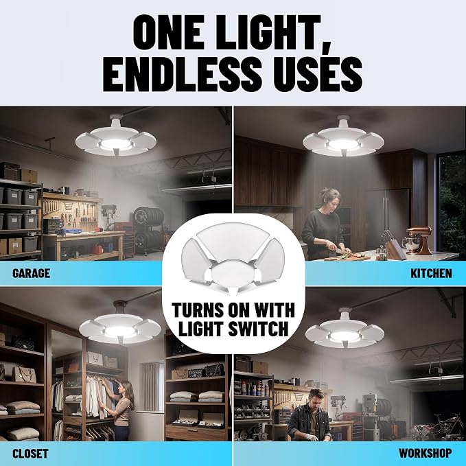 Bell+Howell Socket Burst 6 Panel Screw in LED Garage Lights | 3500LM Ultra Bright LED Shop Lights for Garage, Shed, Attic, Wrokshop, Screw-in E26/E27, 6 Light Panels, Easy to Install