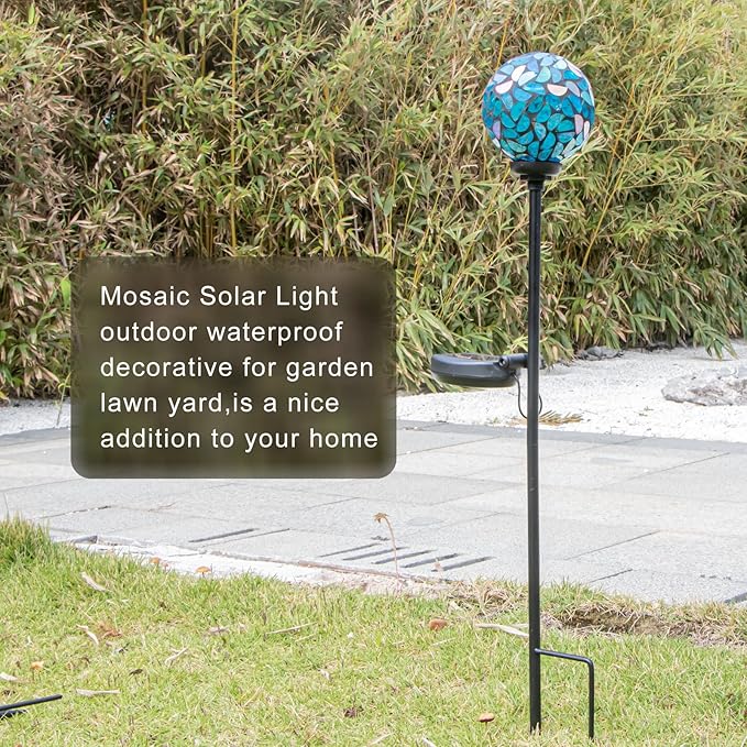 VCUTEKA Decorative Solar Garden Lights, 3.5" Mosaic Globe Outdoor Stake | Mosaic Glass Globe Design, Solar LED Light, Waterproof Design, Auto On/Off and Metal Stake Design for Lawn and Patio