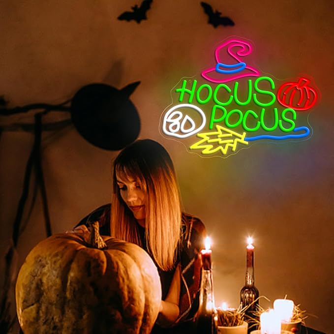 Hocus Pocus Halloween Neon Sign for Wall Decor Mysterious Witch Hat LED Neon Sign Skull Light Up Sign for Bedroom Halloween Decoration Bar Party Gift（16.54 * 12.6in）