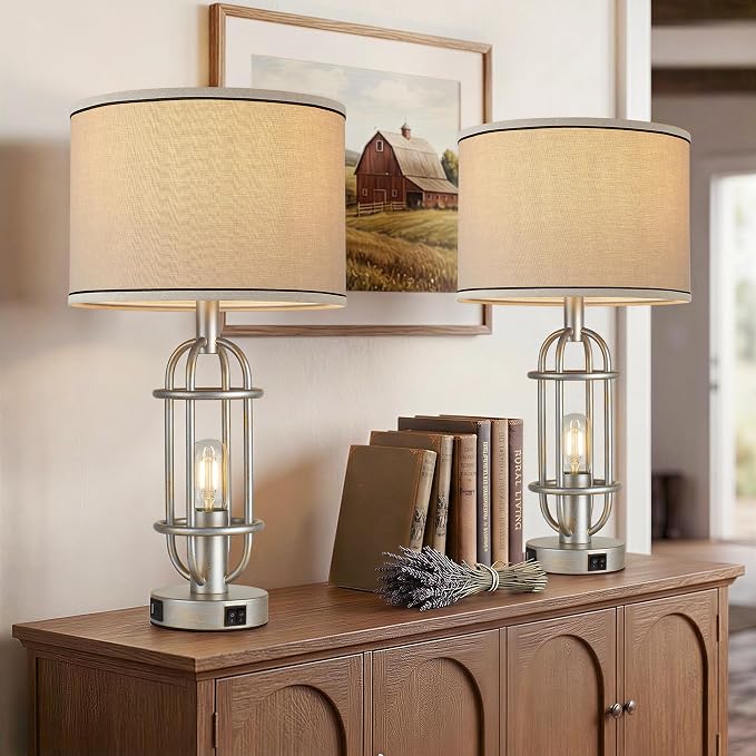 Reaketon Table Lamps for Living Room Set of 2, 22.3" Farmhouse Lamps for Nightstand, Industrial Table Lamps for Bedroom with USB Ports, Bulbs Included
