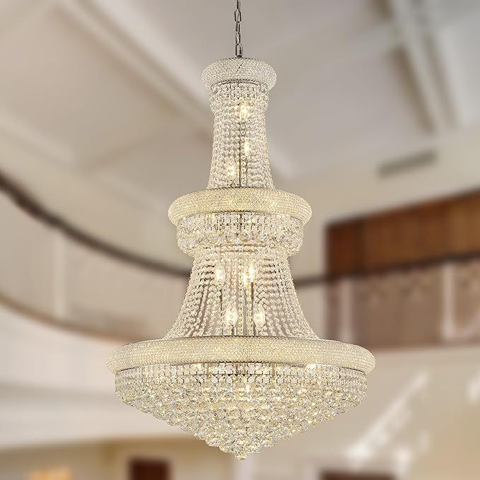 32" W 27 Light Luxury Foyer Chandeliers, Unique Empire K9 Crystal Chandelier for High Ceiling Foyer Entryway Living Room (Silver)