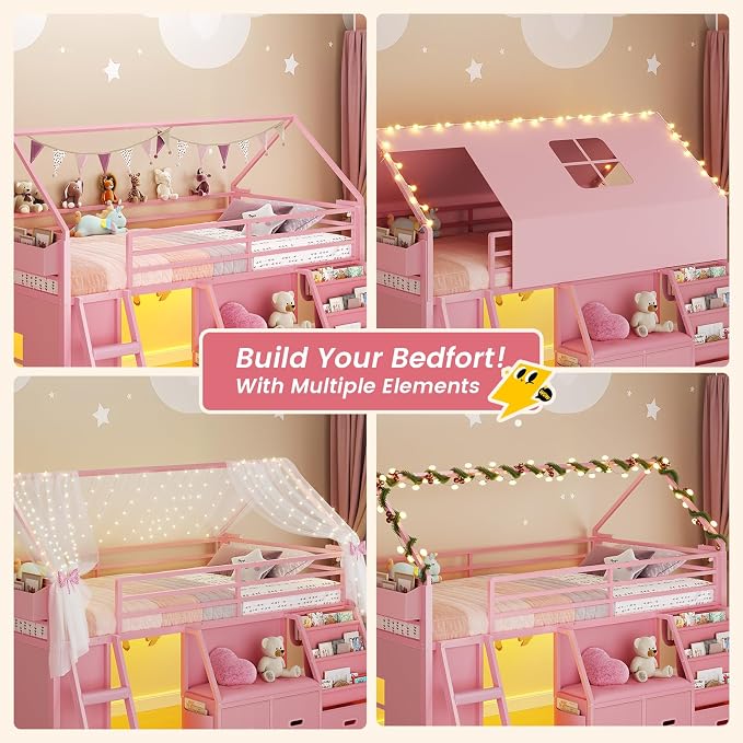 ADORNEVE Low Loft Bed Twin Size with Bookshelf, Reading Nook & 3 Drawers | Kids Loft Bed, LED, Storage Drawers, Beside Box, Under-Bed Play Space,Safety Guardrail, Inclined Ladde, Play Curtain, Pink