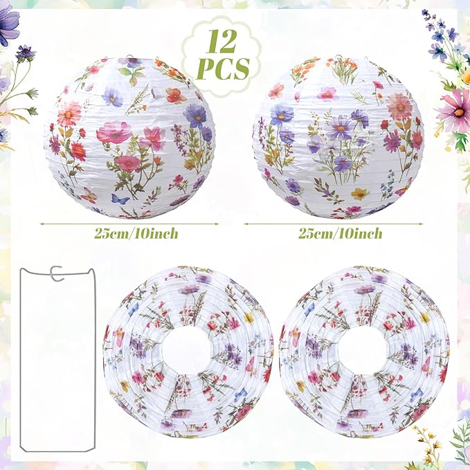 12 Pcs Floral Paper Lanterns Tea Party Decorations Flower Wildflower Spring Birthday Party Decoration Flower 10 Inch Hanging Round Paper Lanterns for Wedding Bridal Shower Baby Shower Decor