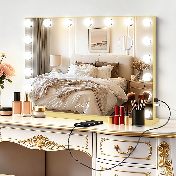 Moonee Vanity Mirror with Lights, Gold Hollywood Lighted Makeup Mirror with 17 Dimmable Bulbs and 10X Magnification, 3 Colors Modes, Aluminum Metal Frame, Light Up Mirror for Tabletop/Wall（28" x 20"）