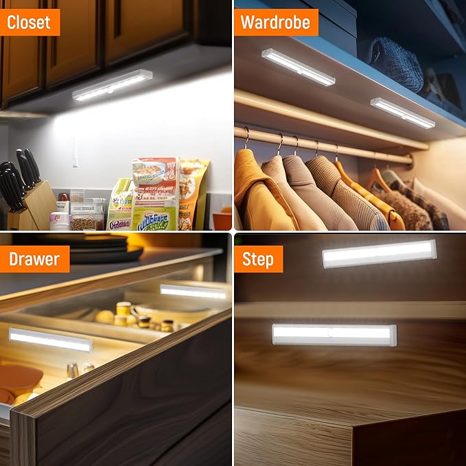 Molrebe Motion Sensor Closet Lights, 6 Pack, Battery Operated | 10 LEDs, 10-ft motion range, 15-20 sec auto-off, magnetic peel-and-stick mounting for closets, cabinets, hallways and stairs