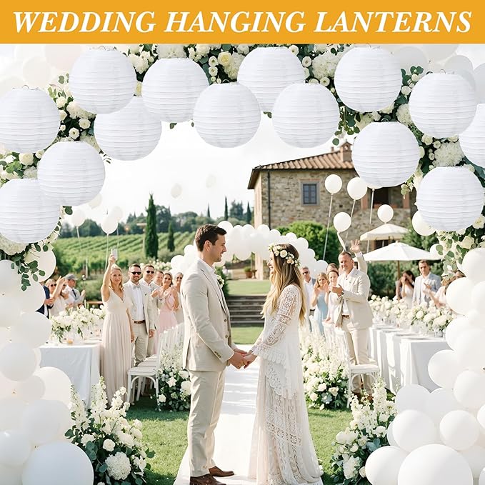 Treela 48 Pack White Chinese Japanese Paper Lanterns Decorative Hanging Ball Round Paper Lantern Lamps for Wedding Birthday Party Home Decorations (8 Inch)