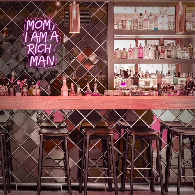 Lucunstar Mom I Am A Rich Man Neon Sign Pink Neon Signs for Wall Decor Pink LED Light for Bedroom Decor USB Connectivity Led Neon Signs for Home Boys Room Man Cave Gifts for Teens
