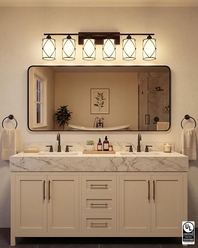 6-Light Oil Rubbed Bronze Bathroom Light Fixtures with Milk Frosted Glass, 42" Modern Bathroom Vanity Lighting Fixtures Over Mirror with Metal Cage, Wall Sconce Lights for Bath, CH9176ORBW-6W