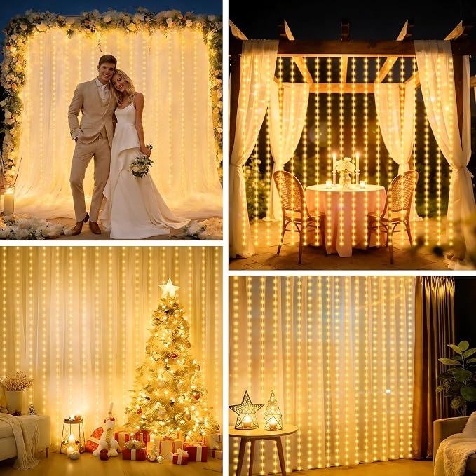 echosari Curtain Lights Battery Operated 9.8 x 9.8Ft with Timer Warm White | 300 LED Fairy Lights for Bedroom Wedding Backdrop Indoor Christmas Decor