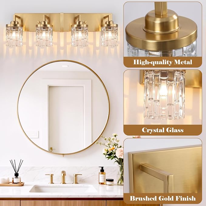 maesta Gold Bathroom Light Fixture,4 Light Modern Vanity Light Over Mirror | Modern Vanity Light, Gold Metal & Crystal Glass Fixture, Anti-Rust, Easy to Install for Bathroom Hallway Bedroom Entryway