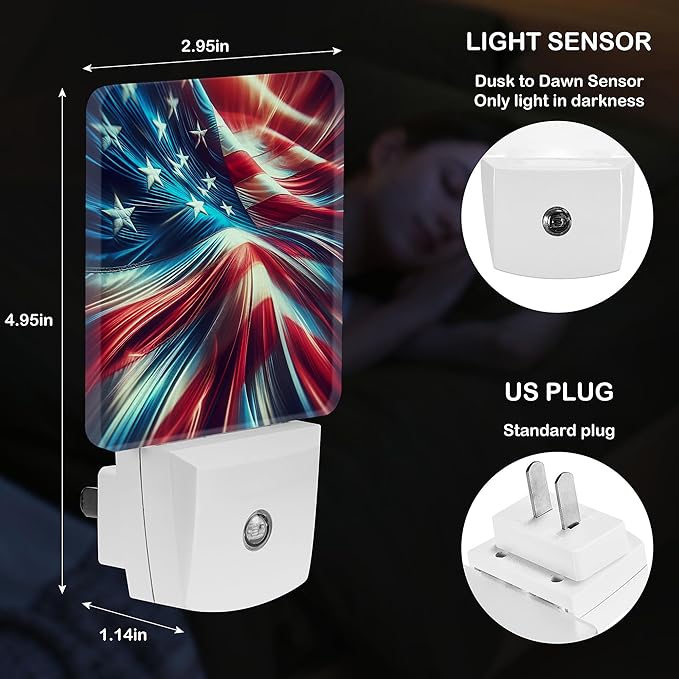 LED Night Light Lamp with Smart Sensor Dusk to Dawn Sensor,Swirling Motion Blurred Effect American Flag Patriotic Symbol Night Light Daylight White,0.5W Plug-into Wall for Adults,Bedroom