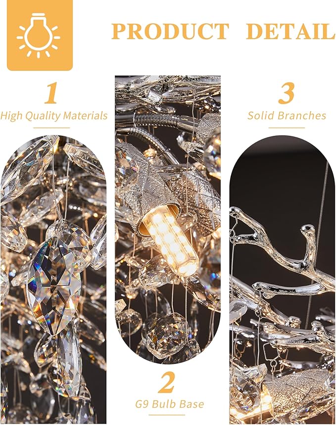 Modern Tree Branch Chandelier, 16 Lights Rectangular 59" Crystal Silver Chandeliers Height Adjustable for Kitchen Island Dining Room Living Room
