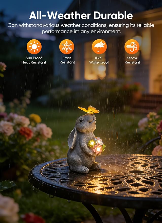 Brightown-Solar-Rabbit-Garden-Decor-Statue with 6 LED Lights, Hand-Painted Resin, IP65 Waterproof Outdoor Decor for Patio, Lawn & Yard Decorations, Unique Mothers Day Gifts for Mom Women