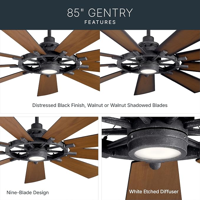 Kichler Gentry XL 85" Ceiling Fan with LED Light, Distressed Black | 9-blade industrial fan with dimmable LED light and DC motor for large indoor spaces, 300285DBK