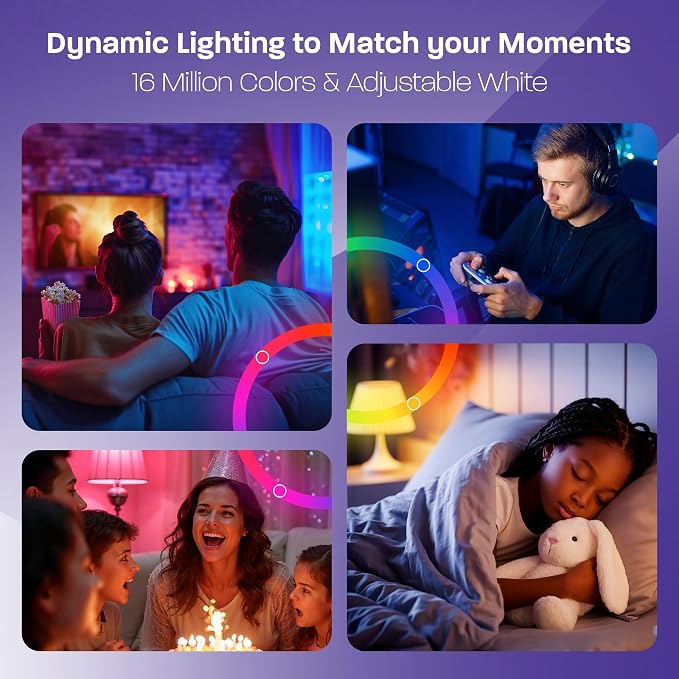 Smart LED Light Bulb, 9W (60W), Tunable White, Dimmable, Music Sync, 16 Million Colors, WiFi+Bluetooth, Compatible with Alexa & Google, Circadian Rhythm, No Hub Required, A19 E26, 800 Lumens