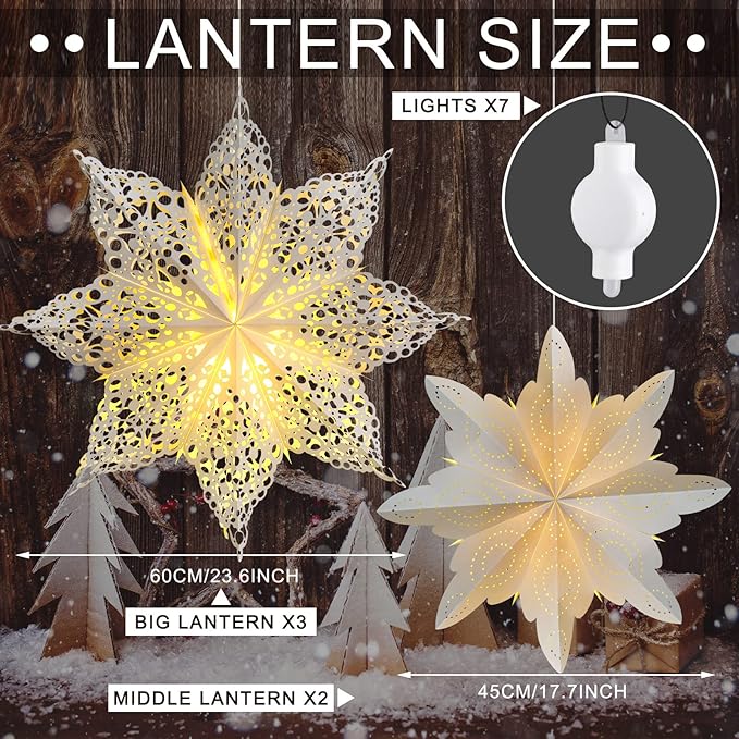 Mudder 5 Pieces Large Christmas Snowflake Paper Lantern with 7 Light 23.6/17.7 Inch Star Paper 3D Hanging Lantern Lamp Party Decoration for Weddings Holiday Xmas Trees(Fresh Style,White)