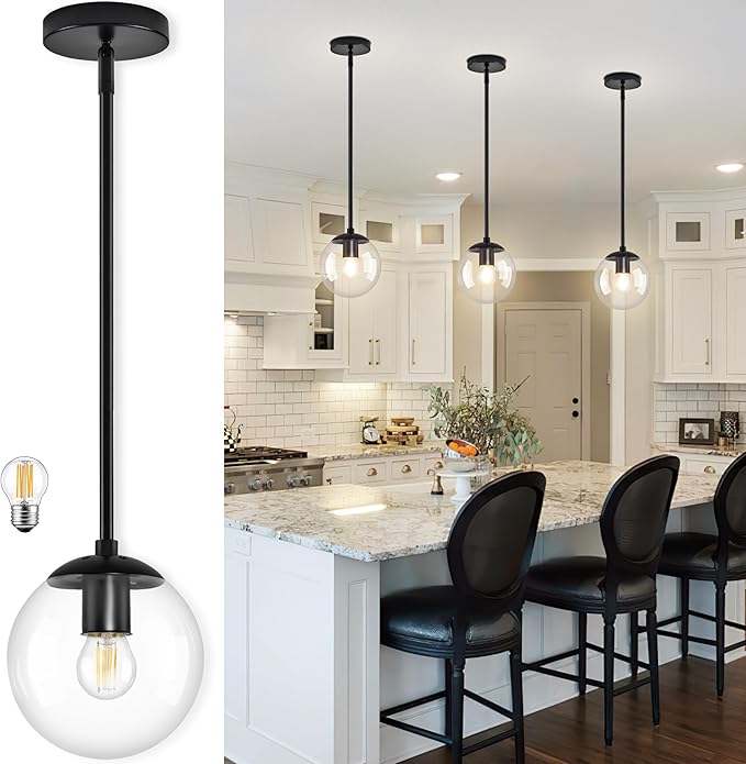 6 Inch Globe Pendant Light Black Mid Century Pendant Light Clear Glass Pendant Lights Kitchen Island Mid Century Adjustable Hanging Farmhouse Pendant Lights Fixtures for Kitchen Island