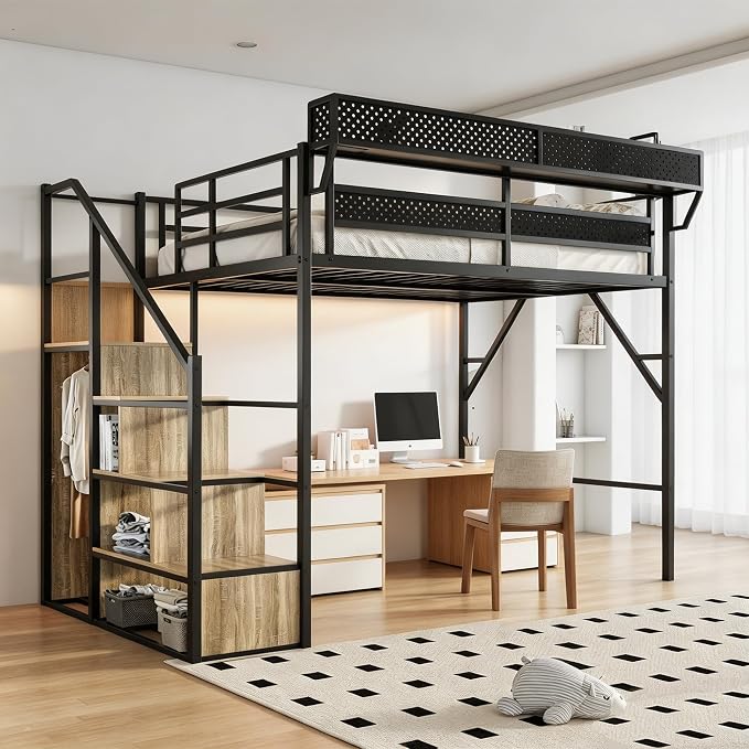 Queen Size Metal Loft Bed with Reversible Stairs and LED & USB Port | Storage Shelf, Reversible Storage Stairs with Wardrobe, LED Lights,USB Charging Port,Sturdy Noise-Free Design,Large Under Bed