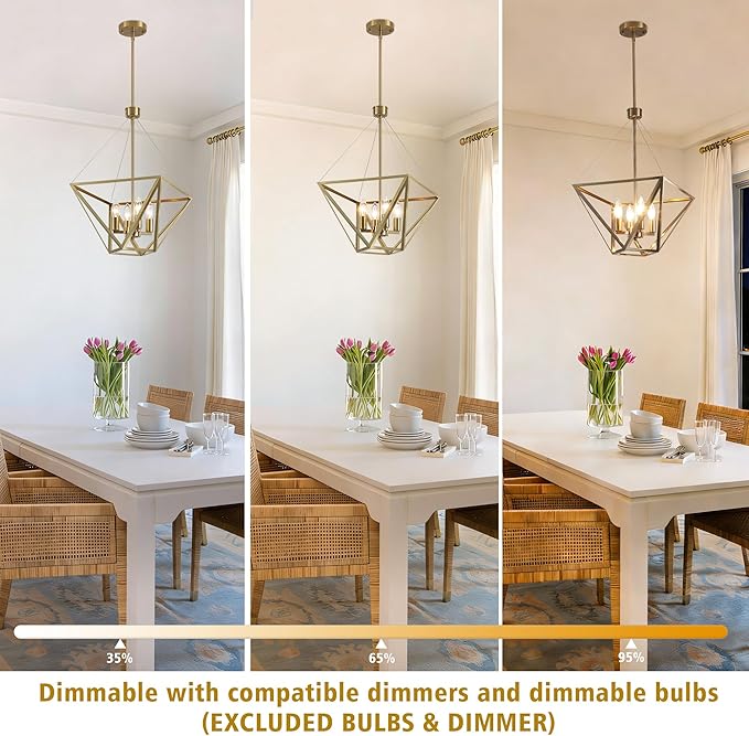 LASENCHOO 14.5" Brass Chandelier for Foyer Lighting Fixtures, 4 Lights Brushed Gold Modern Farmhouse Chandelier Lantern Geometric Pendant Light for Kitchen Island Entryway Dining Room Light Fixture