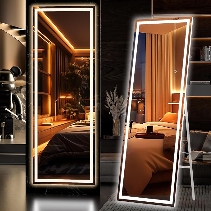 Hasipu Full Length Mirror with Lights, 65" x 21.7" LED Floor, Full Body Dressing Standing, Hanging Mounted Mirror, Square White