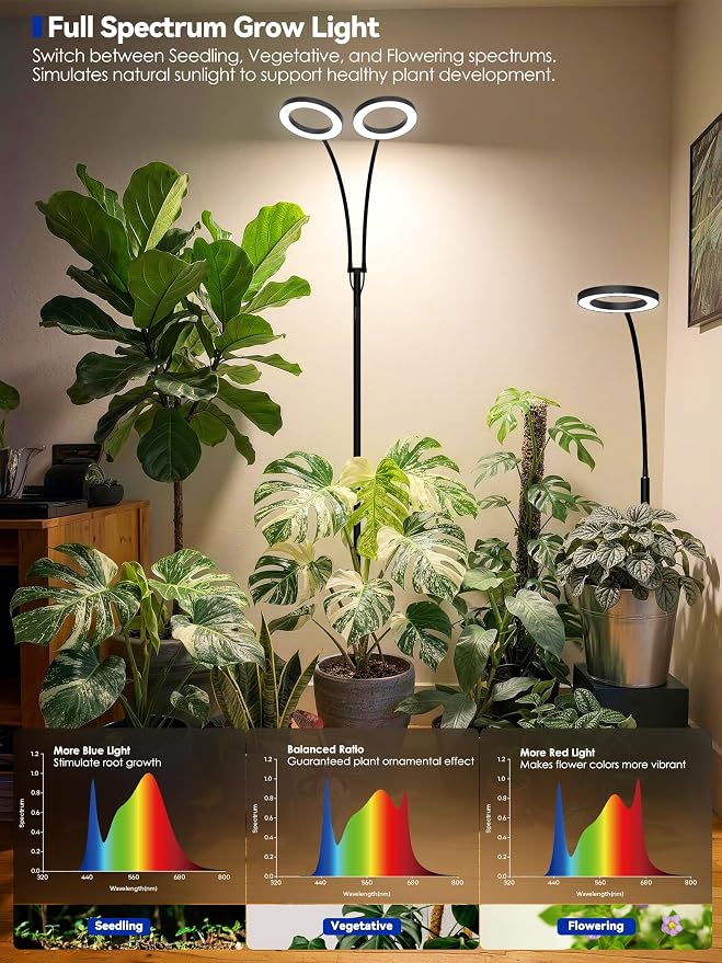 36W Grow Lights for Indoor Plants,Full Spectrum LED Plant Light with Stand | Dual Heads, Adjustable Height and Angle, 3/9/12H Timer, Dimmable, 3 Modes Floor Plant Growing Lamp for Indoor Growing, Black