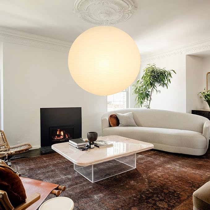 White Round Paper Lantern Lampshade, 24"x24' Large Paper Lanterns Pendant Light Shade, Chinese Foldable Design for Living Room, Bedroom, Ceiling Lampshade Party Decor