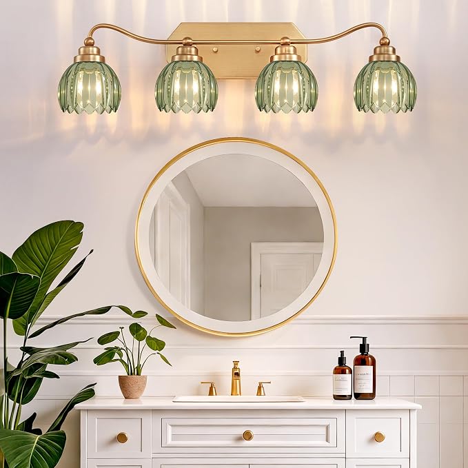 Vintage Gold Vanity Lights, 4 Light Tulip Crystal, Antique Brass Finish | Brushed Gold Bathroom Light Fixtures, Green Wall Sconce Ideal for Bedroom, Living Room, E26 Compatible, Easy Install