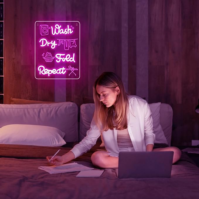 Wash Dry Fold Repeat Neon Sign for Wall Decor | Dimmable pink laundry neon light, bathroom home business wall decor, gift for home organizers, size 15.4*11.4 in