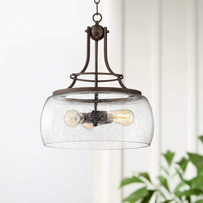 Charleston 16" Wide Painted Bronze 3-Light LED Pendant Light Light Fixture | Iron Chandelier Rustic Farmhouse Clear Glass Shade Dining Room House Foyer Entryway Kitchen Bedroom Living Ceilings