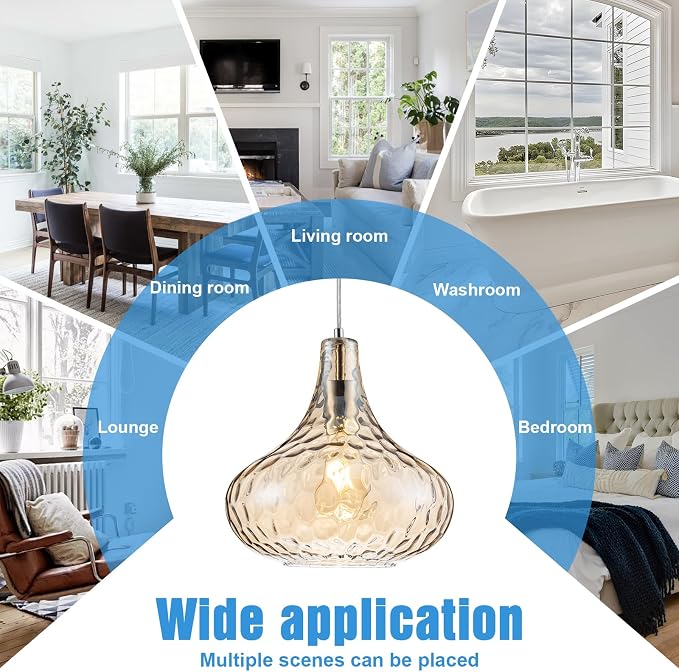 11 Inch Amber Hammered Glass Pendant Light Brushed Nickel Ceiling Lamp | Adjustable height, standard E26 bulb, versatile decor fixture for dining area, kitchen island living room & entry hallway