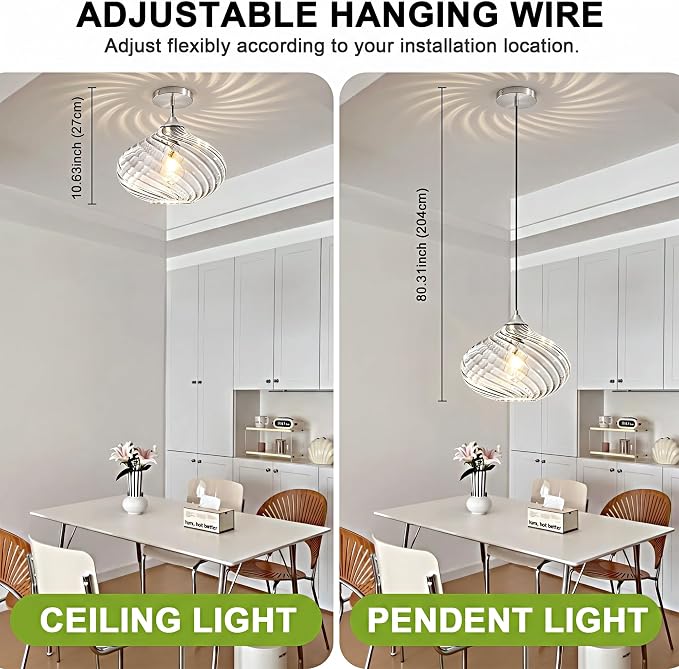 11in Nickel Pendant Lights Kitchen Island with Clear Glass Shade 1Pack | Handcrafted Glass Pendant Light Fixtures, UL Certified, E26 Base 100W Max, Height-Adjustable, Dimmable Hanging Pendant Light
