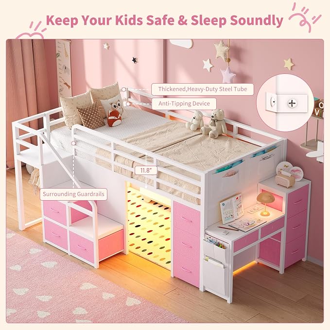 Twin Loft Bed with Desk, RGB Lights & Under Bed Play Fort, White Pink | 11 Storage Drawers, Clothes Rack, Pockets, Wide Step Stairs, 11.8''H Safety Guardrail, Built-in Charging Station