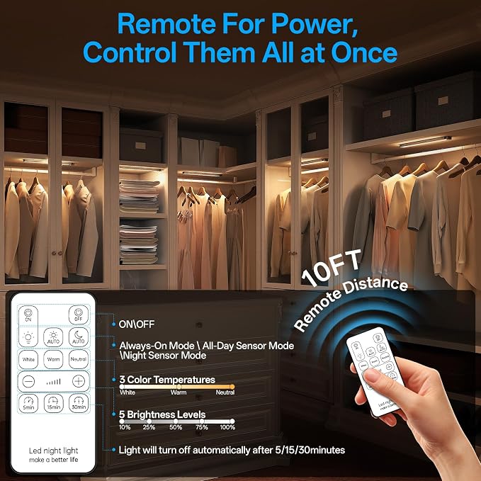 14.2inch Under Cabinet Lighting Wireless Motion Sensor Light Indoor | Rechargeable,3Color Temps,Dimmable,Power Display,LED Closet Light Magnetic with Remote,Under Counter Lights for Kitchen 2Pack