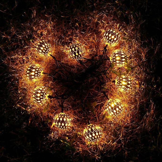Hann LED Solar Globe String Lights, 12ft 10 LEDs Moroccan Orb Ball, Waterproof Ambiance Lighting, 3000K Warm White, Starry Fairy Lights for Outdoor Garden Yard Patio Party Christmas Party