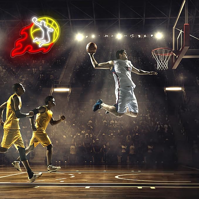 Slam Dunk Neon Sign for Wall Decor Basketball Led Neon Light for Man Cave | Dimmable LED Neon,Birthday Basketball Gifts,Led 5V USB Powered,Sport Bar,Court,Club Decor,Business Shop Wall Art,15.5*12.9in