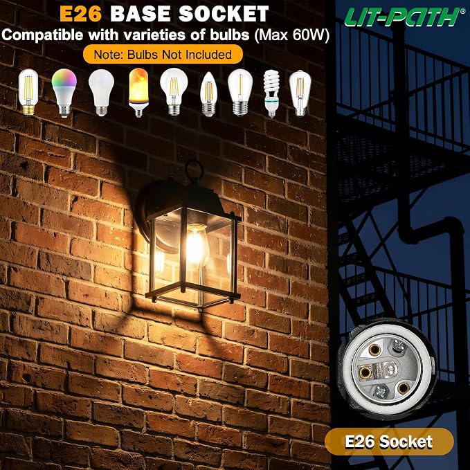 Outdoor Wall Light Fixture, Rustproof Aluminum, Clear Glass | Dusk to Dawn Exterior Porch Light Wall Sconce Lantern for House, Patio, Garage, Waterproof, E26 Socket 60W Max, Black, 2 Pack