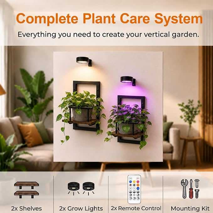2 Pack Plant Wall Shelf with Grow Light, Wall Mounted Indoor Plant Shelf | Rechargeable Cordless Magnetic Grow Light with Remote Timer Dimming, Floating Plant Shelf for Living Room Office Decor