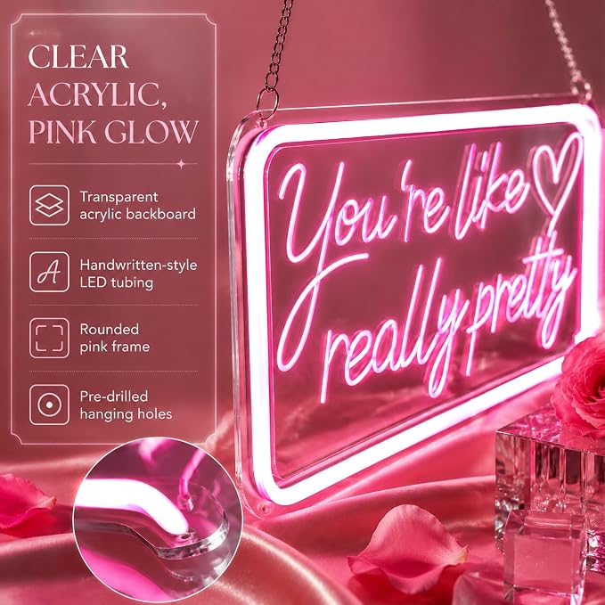 You're Like Really Pretty Neon Signs for Wall Decor, LED Neon Sign Aesthetic Room Decor for Teen Girls Neon Lights Signs for Bedroom, Salon, Wedding Party Pink Neon Name Sign
