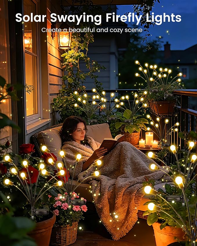 OZS 10 Pack Total 80 LED Solar Firefly Lights Fairy Outdoor - Solar Garden Lights Outdoor, Sway by Wind, Waterproof for Garden Patio Pathway Fairy Decor (Warm White)